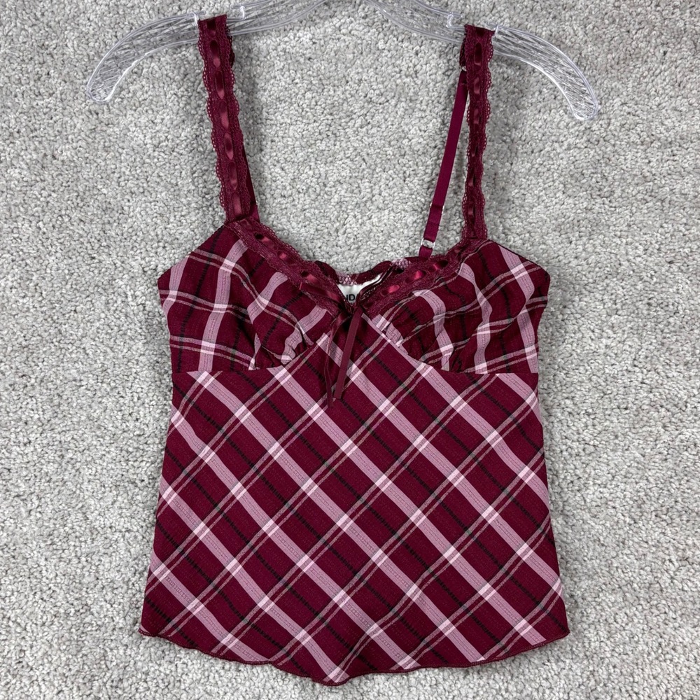 No Boundaries Burgundy Plaid Lace Trim Cami Top XXS 00 Y2K Grunge Coquette